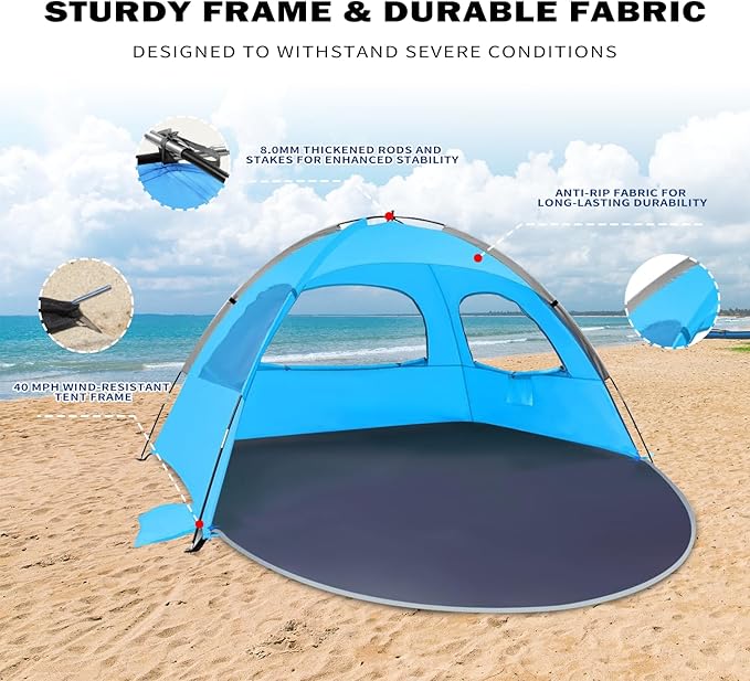 Beach Tent for 3-4 People, UPF50+ Sun Shelter with Breathable 3-Way Ventilation, 8.0mm Reinforced Fiberglass Poles, Portable Shade Canopy for Beach & Camping (Blue)