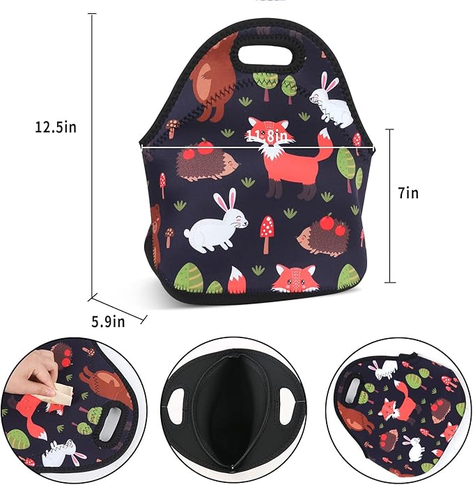 Violet Mist Neoprene Fox Lunch Bag Insulated Waterproof Lunch Bag Tote Cartoon Reusable Lunch Box Containers Food Carrying Lunch Handbag for men Women Work Thanksgiving Christmas Gifts