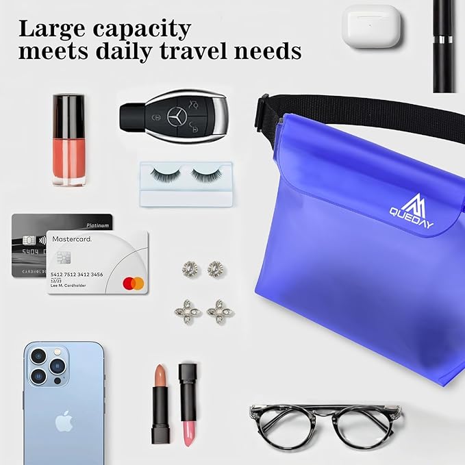 Queday 4-Pack Waterproof Pouch with Waist Strap, Screen Touchable Dry Bag with Adjustable Belt for Phone Valuables for Swimming Snorkeling Boating Fishing Kayaking Black White Pink Blue
