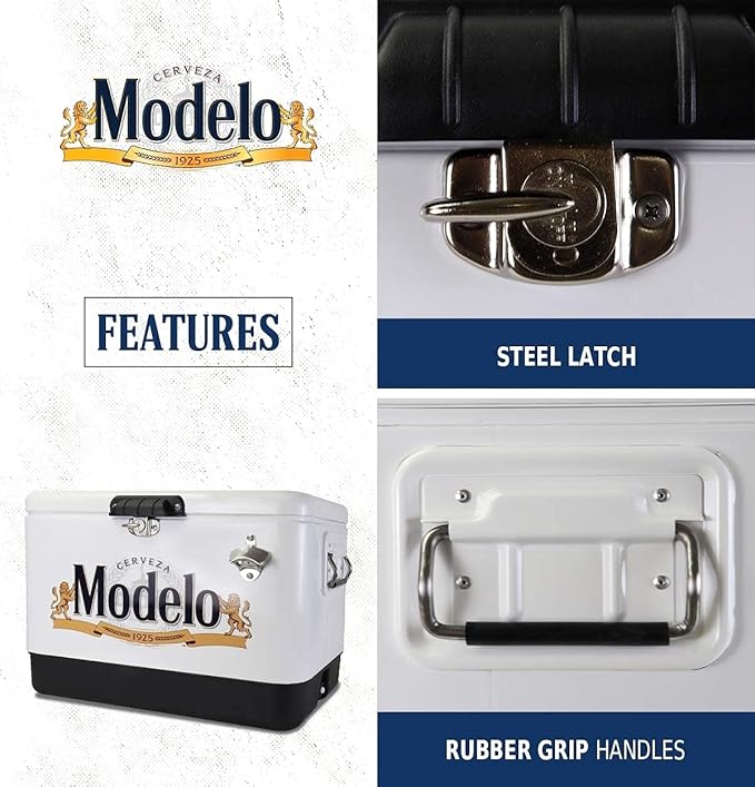 Modelo Ice Chest Cooler - Portable Ice Bucket with Bottle Opener, Vintage Style, Insulated for Camping, Beach, Picnic, RV, BBQs, Tailgating, Fishing, Stainless Steel 85 Can Ice Box, 51L (54 qt)
