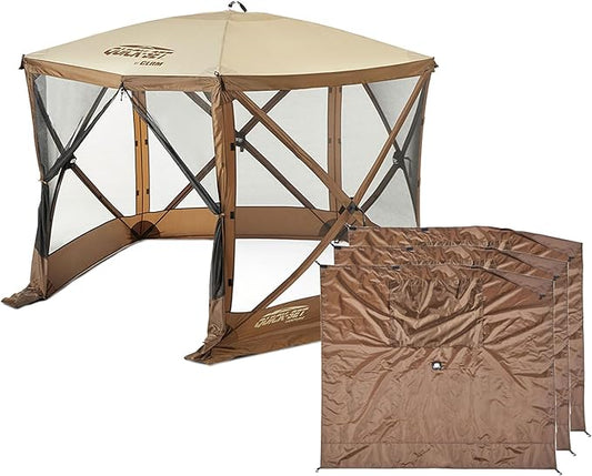 CLAM Venture 9 x 9 Foot Portable Outdoor Gazebo Canopy Camping Tent Shelter, with 3 Wind and Sun Panels and Carry Bag Accessory, Brown