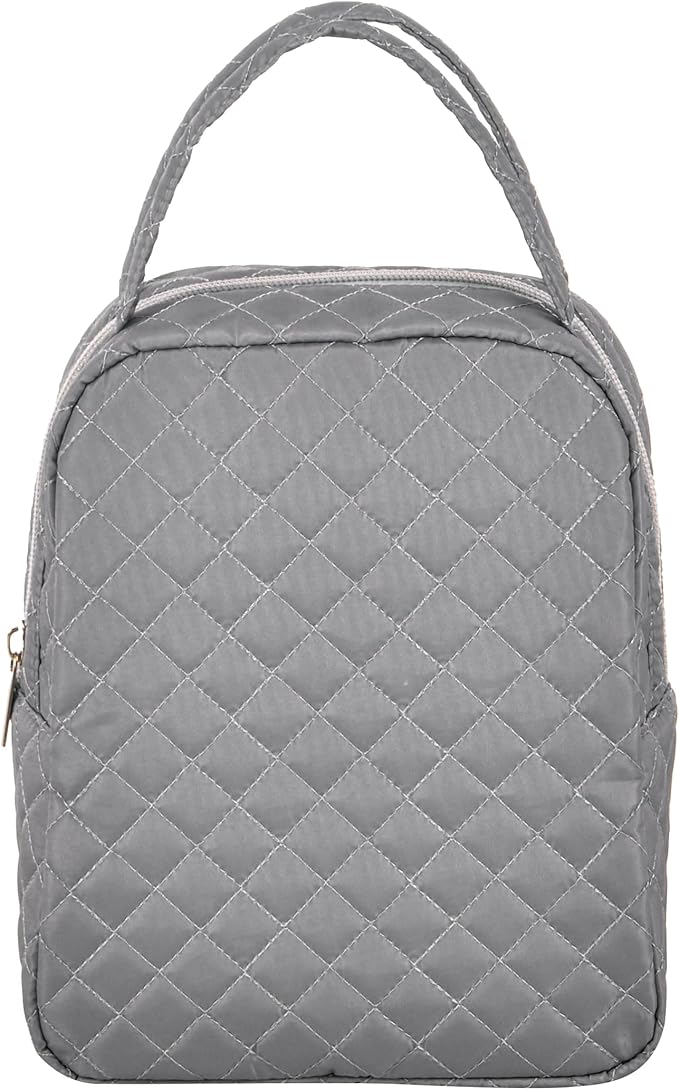 Machine Washable Women Quilted Fabric Insulated Reusable Cooler Lunch Bag Tote Adult Thermal Lunch Box Storage Bag for Ｗork (Grey)