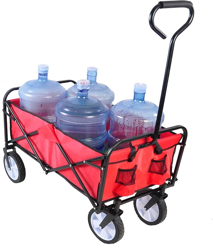 Collapsible Folding Wagon Garden Shopping Beach Cart,Heavy Duty Utility Buggy with Big Wheels,Adjustable Handle and Cup Holder,for Sand,Camping,Outdoor,40.55",Red