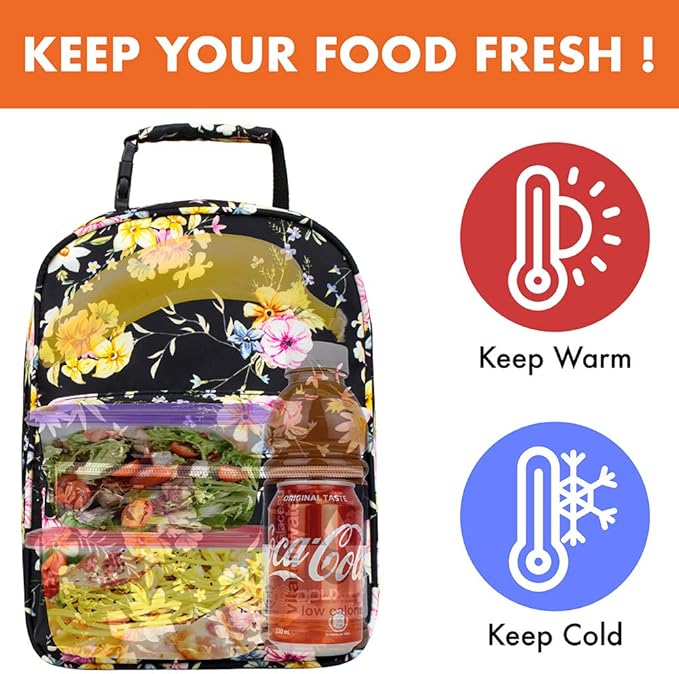 opux Lunch Box for Girls Boys Kids, Insulated Leakproof Lunch Bag, Reusable Teen Lunch Boxes for School, Medium Large lunchbox for Women Men Adult for Work with Front Back Pocket (Floral Black)