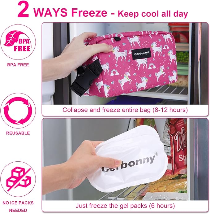 Cerbonny Small Cooler Bag Freezable Lunch Bag for Work School Travel,Small Lunch Bag,Small Insulated Bag For Kids/Adults,Freezer Lunch Bags,Mini Lunch Bag Fit For Yogurt,Suit for 3+(red unicorn)