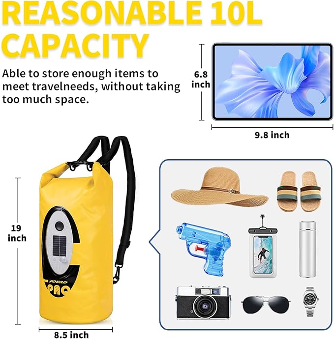 Solar Dry Bag Backpack 10L,Built-in Bluetooth Speaker & LED(4 Lighting Modes),Solar or USB Rechargeable,IP66 Waterproof Floating
