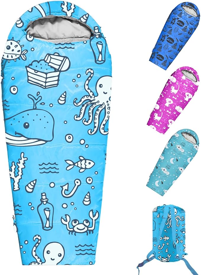 KidzAdventure Mummy Style 32 – 59F Kids Sleeping Bag with Pillow Sleeve, 4 Season, Lightweight and Backpacking Style, Ideal for Camping, Sleepover, Boys, Girls, Youth and Toddlers