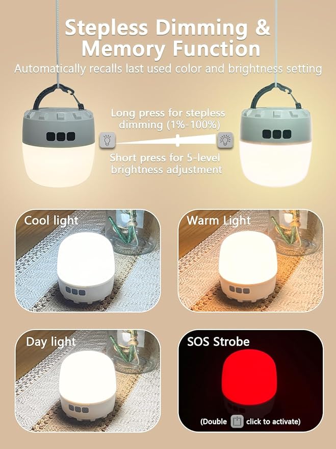 LED Camping Lantern Rechargeable, 8000mAh Battery, 4 Light Modes, Dimmable, Waterproof, 16H Runtime, Memory Function, Emergency Light for Power Outages, Hurricane, Camping, Hiking, Home Use