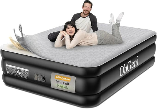 OhGeni 18" Luxury Queen Air Mattress with Built-in Pump, Inflatable Bed with Silk Foam Topper for Superior Comfort, Premium Blow-Up Mattress for Home, Camping & Guest, Easy Setup, Extra Support, Black