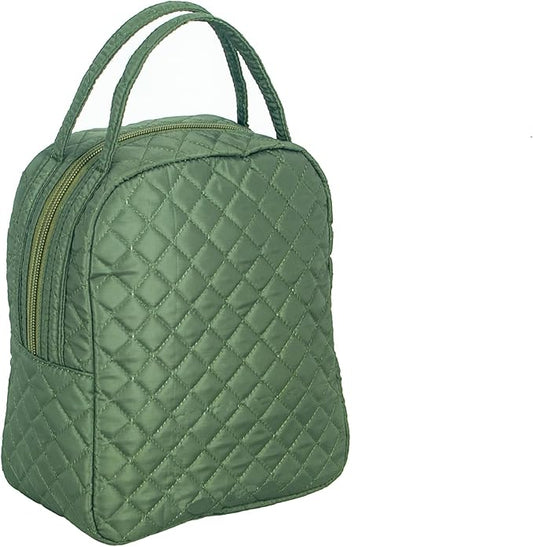 Machine Washable Women Quilted Fabric Insulated Reusable Cooler Lunch Bag Tote Adult Thermal Lunch Box Storage Bag for Ｗork (Green)