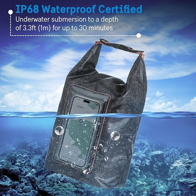 Pelican Marine IP68 Waterproof Dry Bag 5L - Roll Top Waterproof Backpack w/Phone Case/Pouch - Boating & Kayak Accessories - Essentials for Camping Swimming Beach Fishing Rafting Travel - Hunter Camo