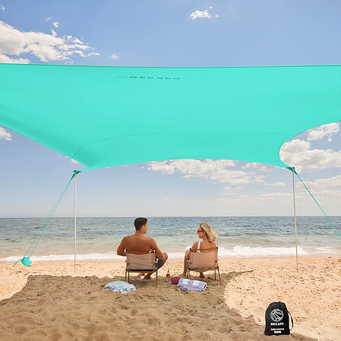 WEKAPO Beach Tent Sun Shelter - Easy Setup Beach Canopy with 4 Sturdy Poles, Extra Large Sandbags and Shovel, 7'8'' Tall, Windproof Sun Shade for Backyard and Camping, UPF 50+ Protection