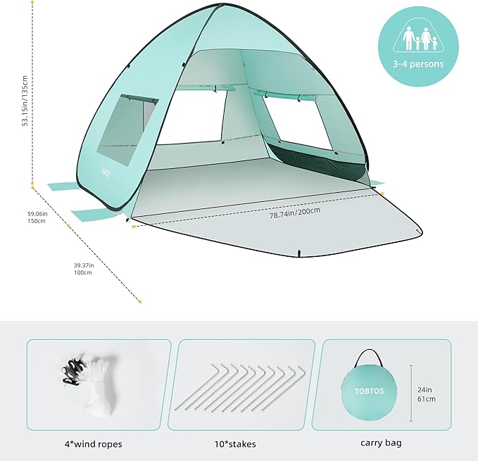 TOBTOS UPF 50+ Pop Up Beach Tent, Easy Set Up Beach Umbrella, Sun Shelter for 2-3 People UV Protection Portable Sunshade, Baby Canopy Cabana, Lightweight with Carry Bag