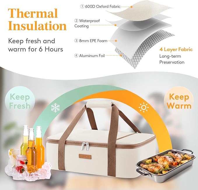 Insulated Casserole Carrier for Hot or Cold Food, Lasagna Lugger Tote for Potluck Parties/Picnic/Cookouts, Fits 9"×13" Baking Dish, Cream