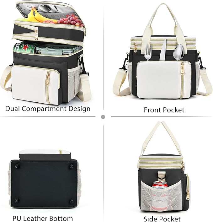 Lunch Box & Lunch Bag for Women Men, Large Insulated Adult Lunch Box Leakproof Lunchbox Cooler Bag for Work Picnic Beach,16L, Black & White