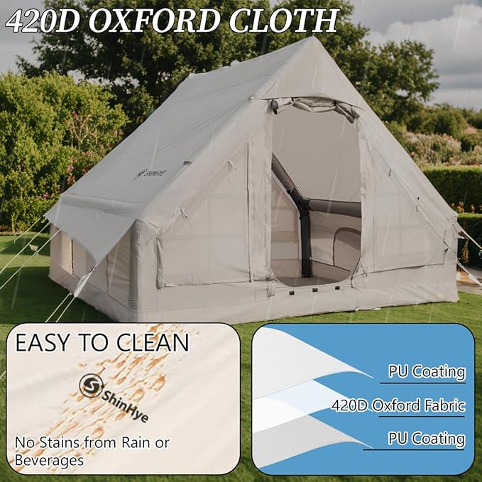 Inflatable Tent for Camping Blow Up Tents Glamping 4 Season House, Air Tents with Pump, Easy Setup Oxford Cabin House with Double-Layer Mesh Windows & Double Doors