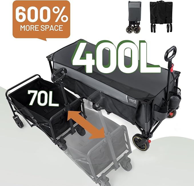TIMBER RIDGE 51.2'' Extended Collapsible Wagon Cart with Brakes and Cargo Net, 350LBS Heavy Duty Foldable Utility Wagon with Adjustable Handle, 400L Capacity Portable Cart for Camping Sports Shopping