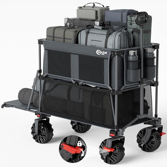 PORTAL 400L Large Capacity Collapsible Double Decker Wagon with Brakes, 450LB Heavy Duty Folding Cart with Tailgate, Foldable Utility Wagons for Camping, Beach, Garden, Sports, Shopping