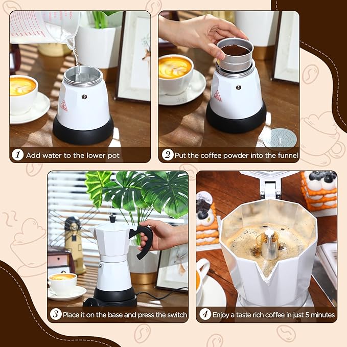 Coffee Pot 6 Cup Electric Espresso Coffee Maker Italian Moka Maker 300ml Portable Aluminum Espresso Machine Cafetera Moka Pot with Detachable Base, Gift for Home Travel(White)