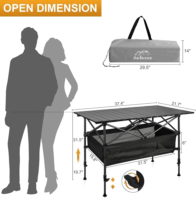 Folding Camping Table, Outdoor Roll-up Table Height Adjustable & Portable Metal Camp Grill Table for Picnic, BBQ, Party, Backyard, Beach, Mesh Storage and Carry Bag (Ash Black, 37.4'' Large)