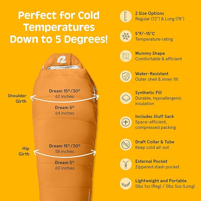 Retrospec Dream Sleeping Bag - 5, 15, 30 Mummy for Camping, Insulated Cold Weather, Lightweight Stuff Sack, Water-Resistant, Adjustable Draw Cords, Adult
