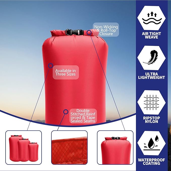 Waterproof Dry Bags 3 Pack (5L, 10L, 20L) - Lightweight Waterproof Storage Bags for Travel, Boating, Fishing, Rafting, Swimming, Camping & Outdoor Activities - Durable & Compact Design, Red
