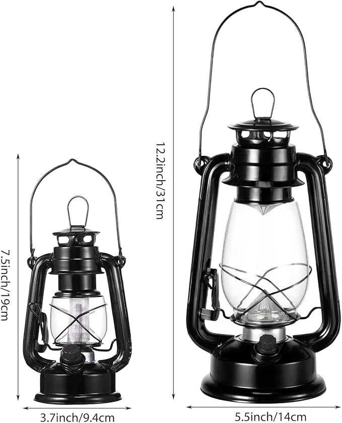 Hortsun 6 Pcs Black Vintage LED Camping Lanterns Warm LEDs and Dimmer Switch Battery Operated Metal Hurricane Farmers Hanging Lantern for Indoor Outdoor Usage Decor (12 Inch)