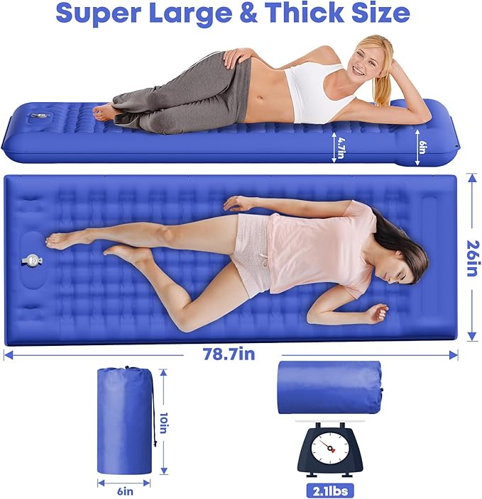 Sleeping Pad 4.7" Extra Thick, Upgraded Reinforced Support Structure with Built-in Foot Pump and Pillows Portable Camping Air Mattress Bed for Tent Backpacking Hiking