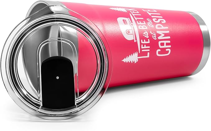 Camco Life is Better at The Campsite Tumbler | Heavy Duty Double Wall Vacuum Insulation | Crafted of 18/8 Stainless Steel | Unique “Life is Better at The Campsite” Design on Coral Pink | 20-oz (53061)