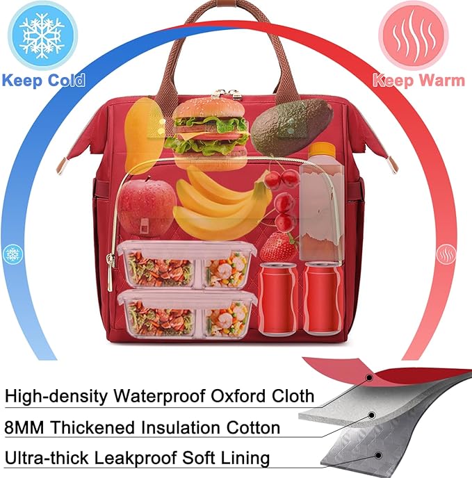 AIJIEKE Lunch Bag for Women, Large Lunch Box for Work Insulated Lunch Bag, Adult Leak Proof Lunch Tote Cooler Bag with Side Pockets & Adjustable Strap, Lunch Purse for Picnic Beach Hiking, Red