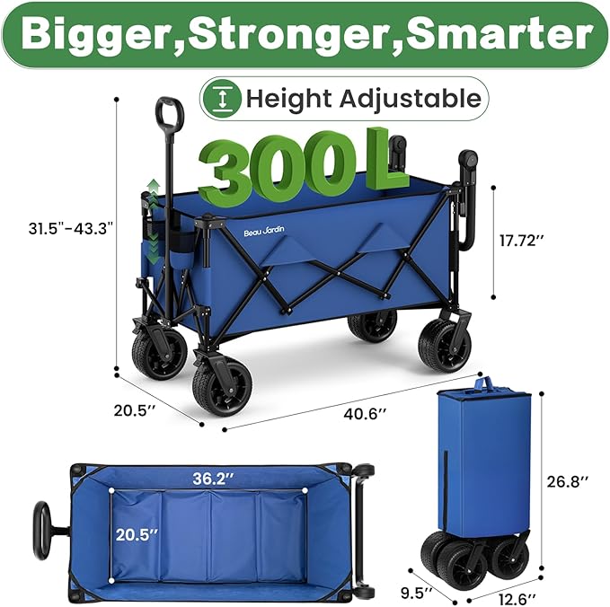 BEAU JARDIN Folding Push & Pull Beach Wagon 500 lbs Collapsible Foldable Wagons with Push Handle All Terrain Wheels Grocery Utility Camping Sports Garden Wagon Cart Blue