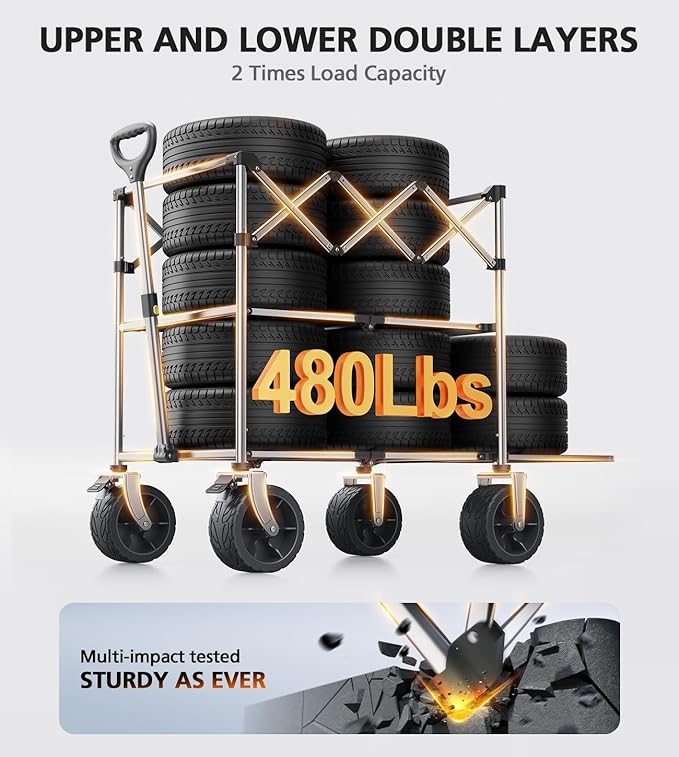 Foldable Wagon Cart,Everyfun 480Lbs Double Decker Wagon,Beach Carts with Big Wheels&Side Pocket&Dustbag,Large Capacity Folding Wagon for Shopping,Garden,Camping,Fish,New Wave Sports Wagon-Brown