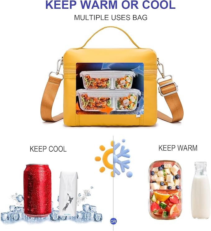 NOL Natural Organic Lifestyle Insulated Lunch Bags for Women Cooler Bag Lightweight Nylon Waterproof Lunch Box For Work (Earth-yellow, Medium(normal))