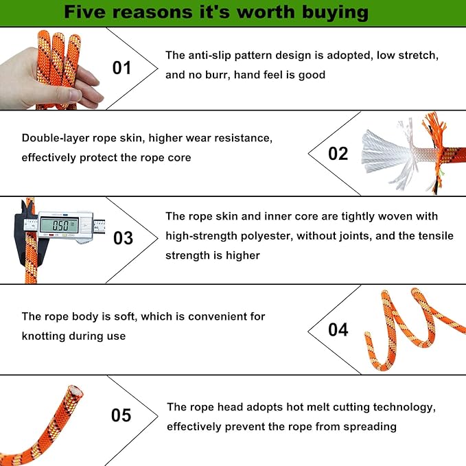Double Braided Polyester Rope (1/2 in x 50 ft) Strong Arborist Rigging Rope 48 Strands for Tree Work Climbing Pulling Sailing, Orange