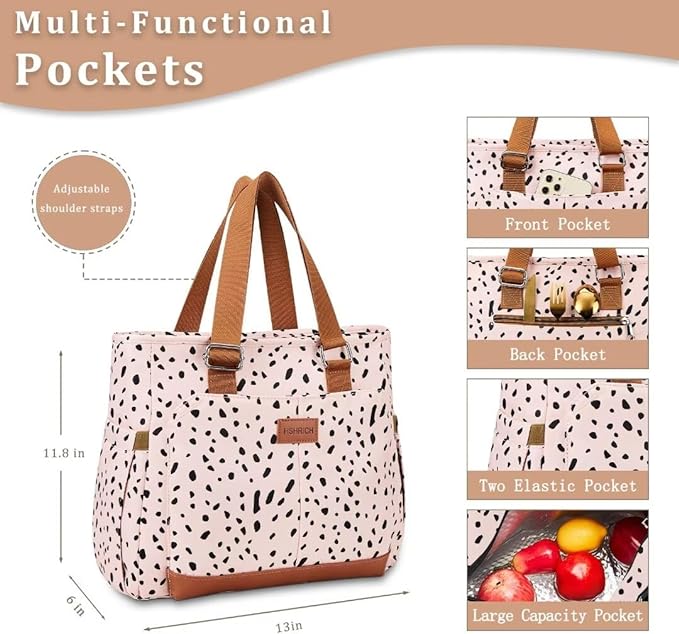 Large Women Lunch Bags for Work/Insulated Adult Lunch Box for Women/Leakproof Cooler Lunch Tote Bag with Storage Pocket. Reusable Lunch Cooler Purse for Work Picnic Hiking 14L, Pink Leopard