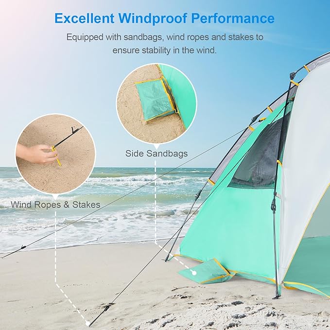 WolfWise 6-7 Person Easy Up Beach Tent UPF 50+ Portable Instant Sun Shelter Canopy Umbrella with Extended Zippered Porch, Mint Green