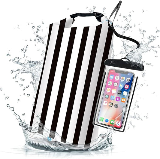 Waterproof Dry Bag,Roll Top Black and White Stripes Small Waterproof Backpack 5L/10L/20L Floating and Lightweight Bags for Kayaking, Boating, Fishing, Swimming and Camping with Waterproof Phone Case