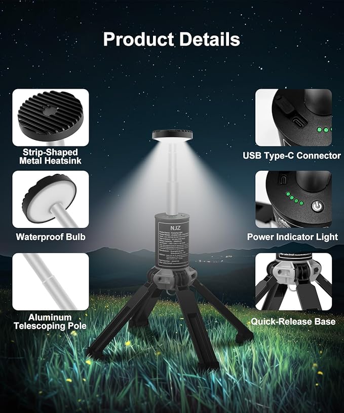 Camping Light, 20000mAh & 21H Runtime Rechargeable Light Tower. 6500K 3 Modes Telescopic Camping Light with Stand, Perfect for Outdoor, Emergency, Sports and Indoor Use(Carry Bag Included)