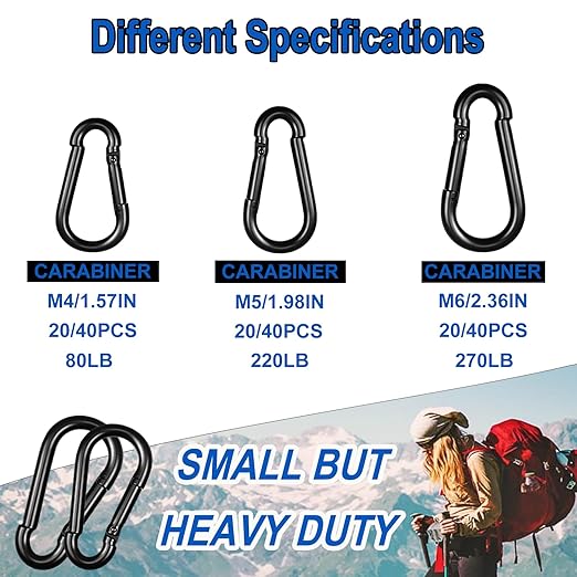 40PCS M5 Black Carabiner Clip, 3/16Inch Snap Hook Quick Link Small Clips, 2'' Spring Carabiner Link Buckle for Fishing Camping Hammock Dog Leashes-220LBS Holding Capacity