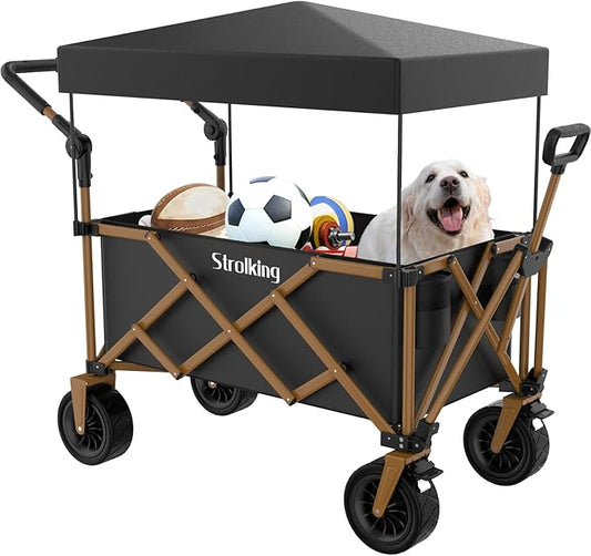 Folding Wagon with Canopy, 160L Capacity, 8" All-Terrain Wheels, 330lbs Load, Utility Cart for Camping, Beach, Shopping, Outdoor Use