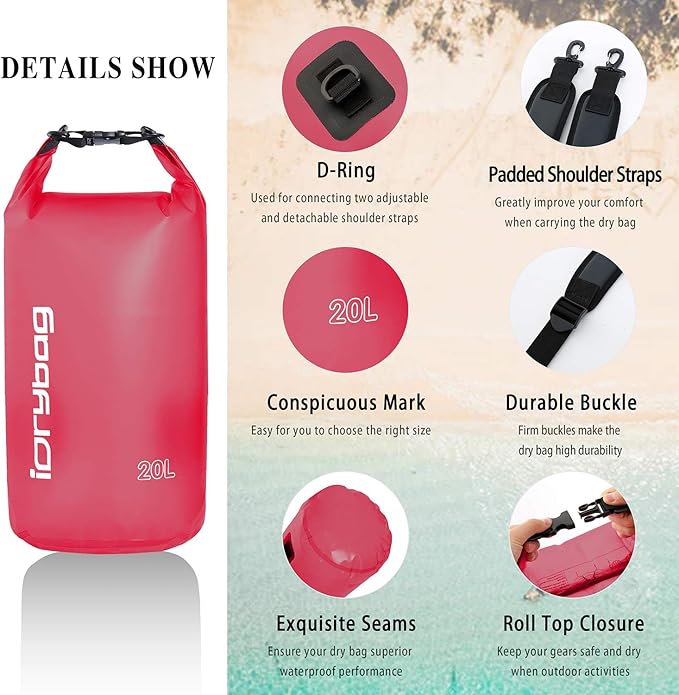 IDRYBAG Clear Dry Bag Waterproof 2L/5L/10L/15L/20L, Small Dry Sack Waterproof Bag for Kayaking