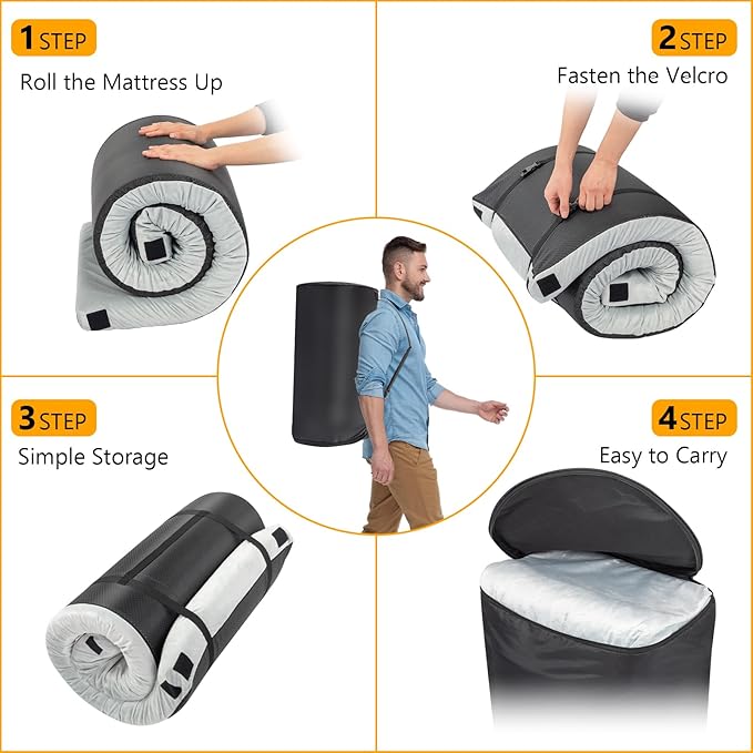 Outvita Sleeping Pad, Portable Camping Mat, CertiPUR-US Memory Foam Camping Mattress, Roll Up Floor Bed for Tent, Cot, Truck, Car, Outdoor Travel w/Portable Bag (3" with Pillow / 2.5" Without Pillow)