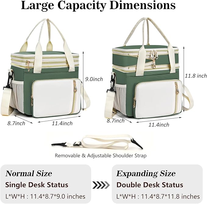 Lunch Box & Lunch Bag for Women Men, Large Insulated Adult Lunch Box Leakproof Lunchbox Cooler Bag for Work Picnic Beach,16L, Army Green & White