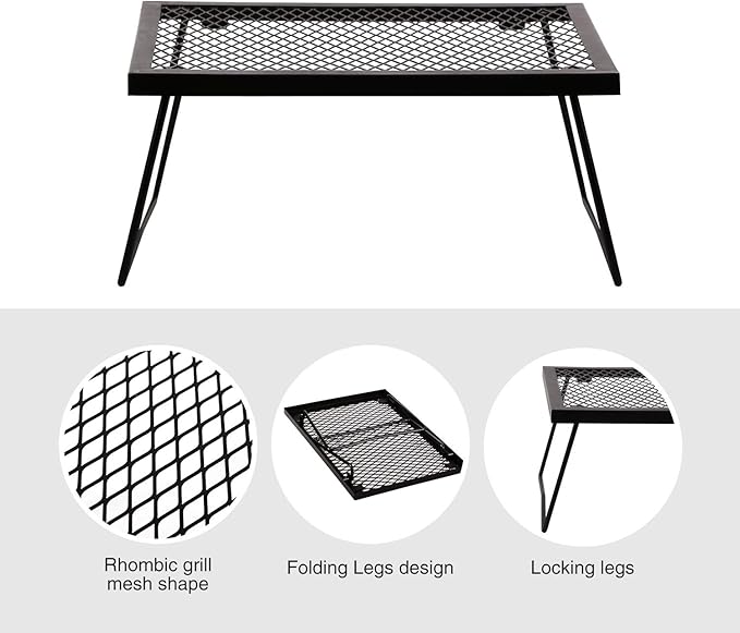 Folding Campfire Grill Grate, Portable Heavy Duty Steel Over Fire Camp Grill for Outdoor Camping Cooking Fire Pit, Black