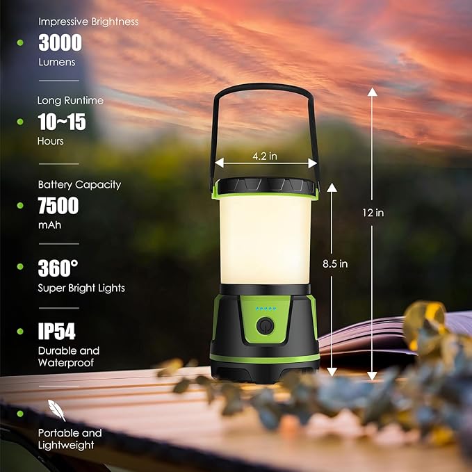 Rechargeable Camping Lantern 3000 Lumens – LED Flashlight with 5 Modes, IP54 Waterproof, 7500mAh Battery, Portable Bright Light for Power Outages, Emergencies, Hurricanes & Hiking