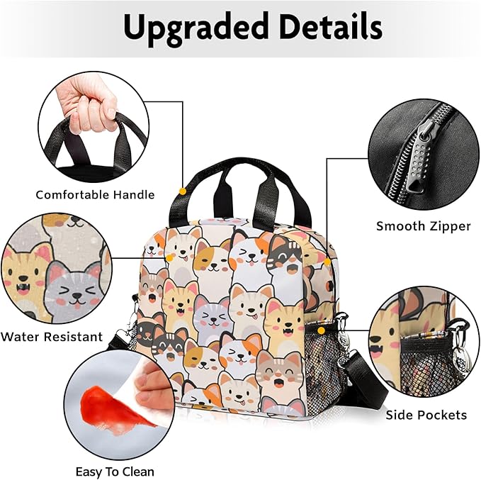 Cute Lunch Bag for Women,Insulated Cat Lunch Box for Kids Small Lunch Totebag Reusable Leakproof Lunch Bag With Shoulder Strap for Girls Boys School Work Picnic
