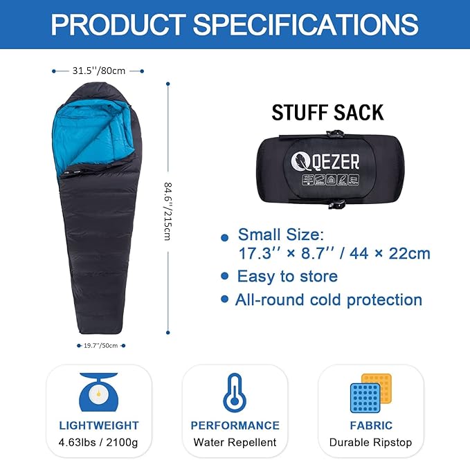 Down Sleeping Bag for Adults 0°F 10°F 15°F 20°F Backpacking Sleeping Bag for Cold Weather with Compression Sack