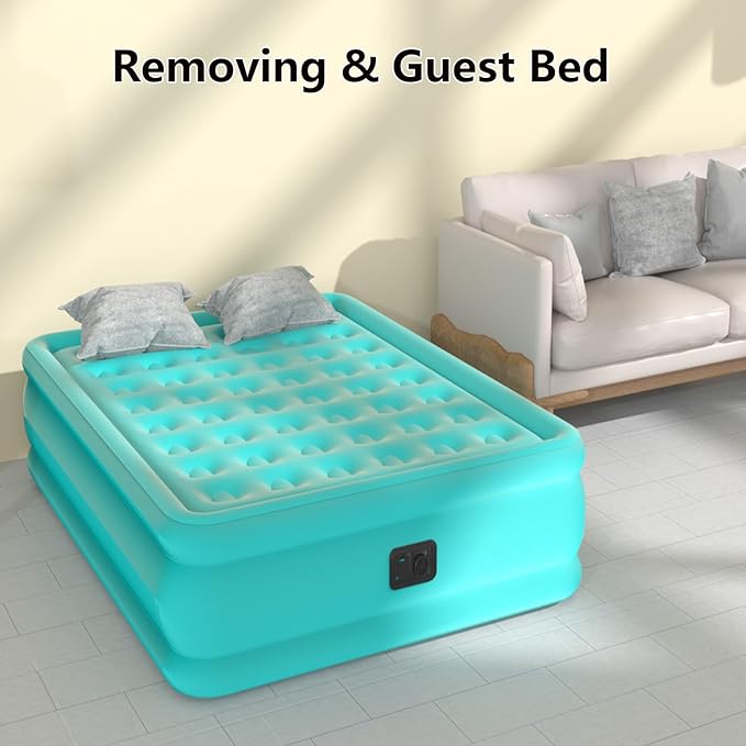 Queen Air Mattress with Built-in Pump, Air Bed with Portable Storage Bag, 18'' Blow up Mattress Suitable for Home and Guests, Top Flocking, 18" Queen Turquoise