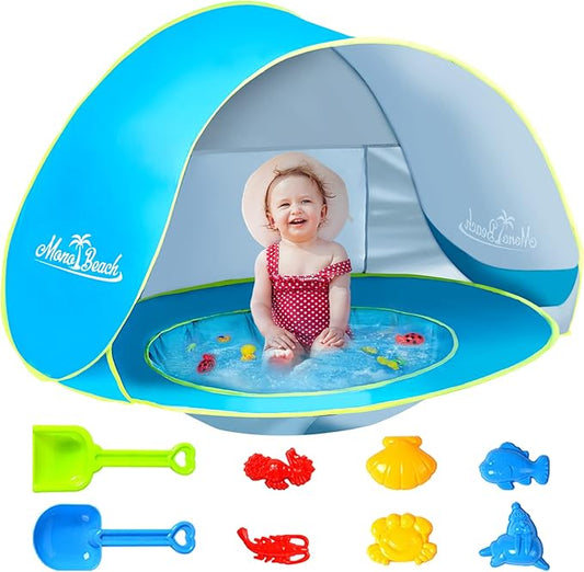 Monobeach Baby Beach Tent with Sand Toys Pop Up Portable Shade Pool UPF50+ UV Protection Sun Shelter for Infant with Easy Set Up Canopy (Blue with Sand Toys)