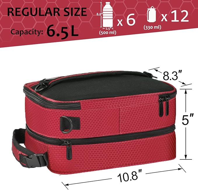 Expandable Insulated Lunch Bag, Leakproof Flat Lunch Cooler Tote with Shoulder Strap for Men and Women, Suitable for Work & Office, Red